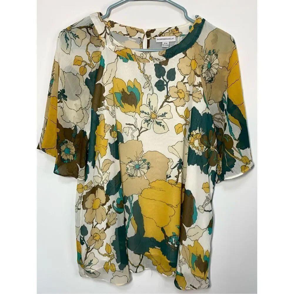 Katherine Barclay Women's Flared Sleeve Lined Floral Blouse Multicolor Medium